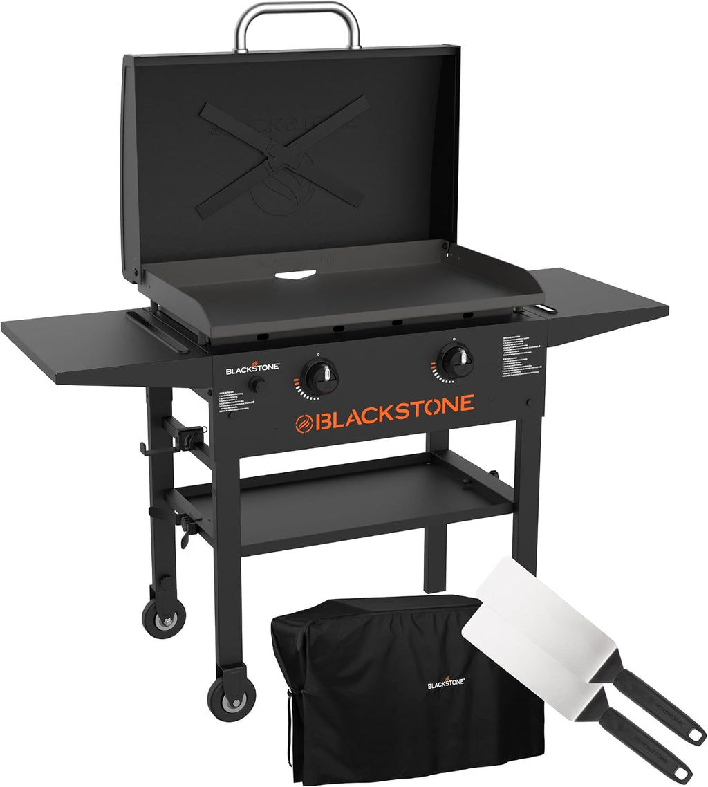 BLACKSTONE 1883 Original 28” Griddle with Integrated Protective Hood and Counter Height Side Shelves, Powder Coated Steel, Black
