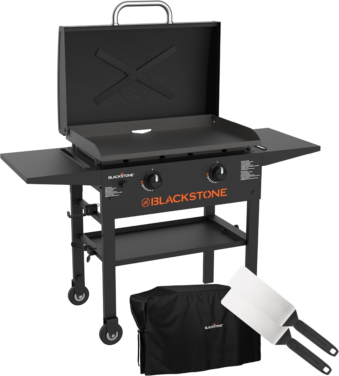 BLACKSTONE 1883 Original 28” Griddle with Integrated Protective Hood and Counter Height Side Shelves, Powder Coated Steel, Black