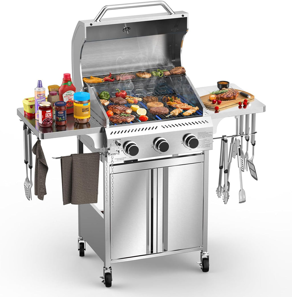 3-Burner Propane Gas Grill with Side Burner, 34,000 BTU Stainless Steel BBQ Grill – Heavy-Duty Porcelain-Enameled Grates for Patio and Outdoor Cooking