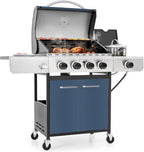 MFSTUDIO 4 Burner BBQ Gas Grill with Side Burner, Stainless Steel Propane Grills with Porcelain-Enameled Cast Iron Grates, 42,000 BTU for Outdoor Backyard Barbecue Cooking, Silver