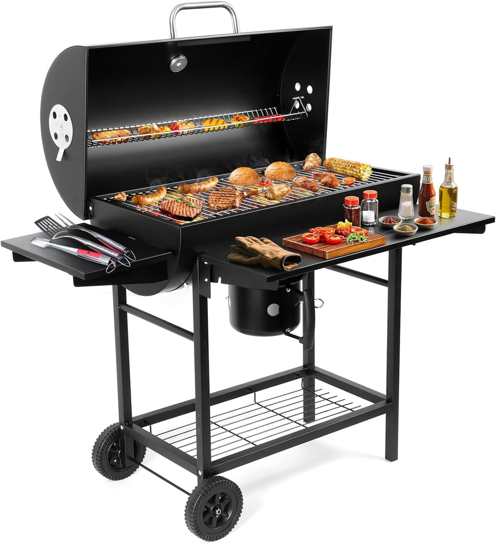 Charcoal Grill Offset Smoker: Charcoal Barbecue Grills with Spacious Cooking Area | Barrel BBQ Grill and Smokers Combo for Outdoor Patio Backyard Camping and Parties