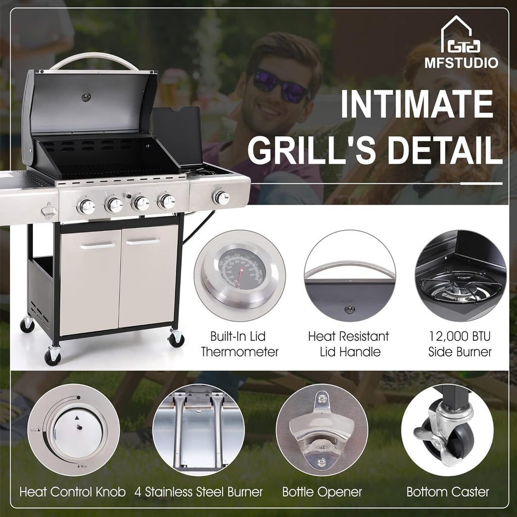 MFSTUDIO 4 Burner BBQ Gas Grill with Side Burner, Stainless Steel Propane Grills with Porcelain-Enameled Cast Iron Grates, 42,000 BTU for Outdoor Backyard Barbecue Cooking, Silver