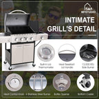 MFSTUDIO 4 Burner BBQ Gas Grill with Side Burner, Stainless Steel Propane Grills with Porcelain-Enameled Cast Iron Grates, 42,000 BTU for Outdoor Backyard Barbecue Cooking, Silver