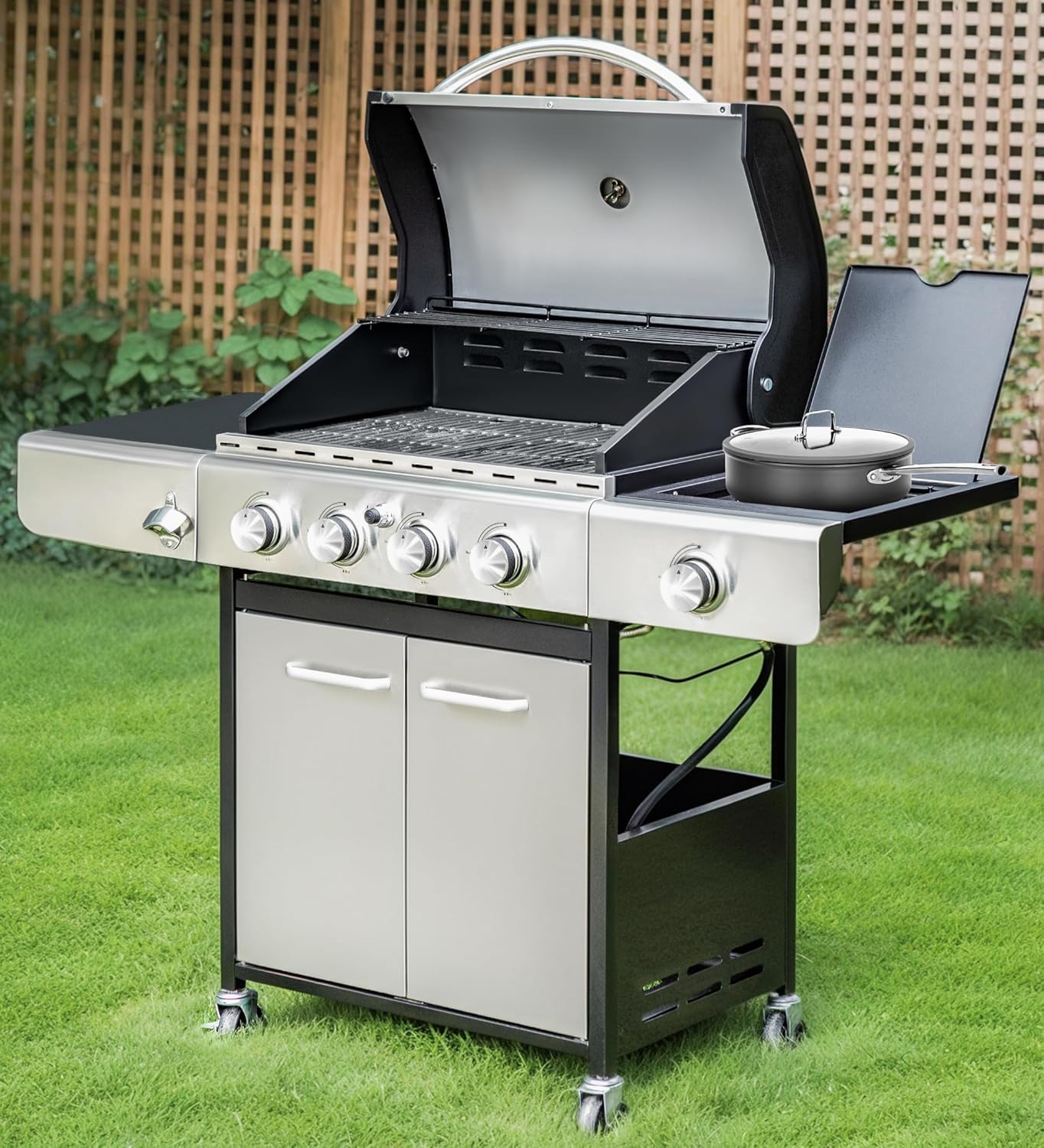 MFSTUDIO 4 Burner BBQ Gas Grill with Side Burner, Stainless Steel Propane Grills with Porcelain-Enameled Cast Iron Grates, 42,000 BTU for Outdoor Backyard Barbecue Cooking, Silver