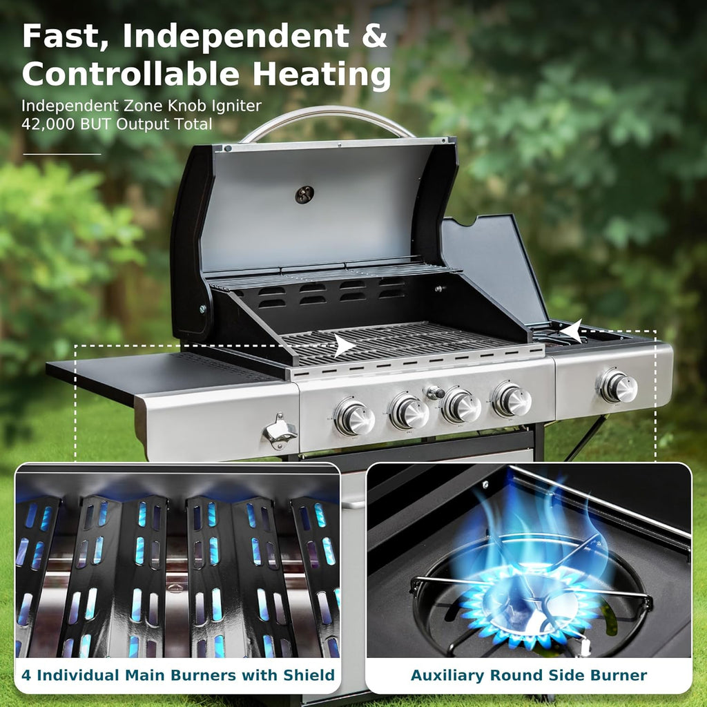 MFSTUDIO 4 Burner BBQ Gas Grill with Side Burner, Stainless Steel Propane Grills with Porcelain-Enameled Cast Iron Grates, 42,000 BTU for Outdoor Backyard Barbecue Cooking, Silver