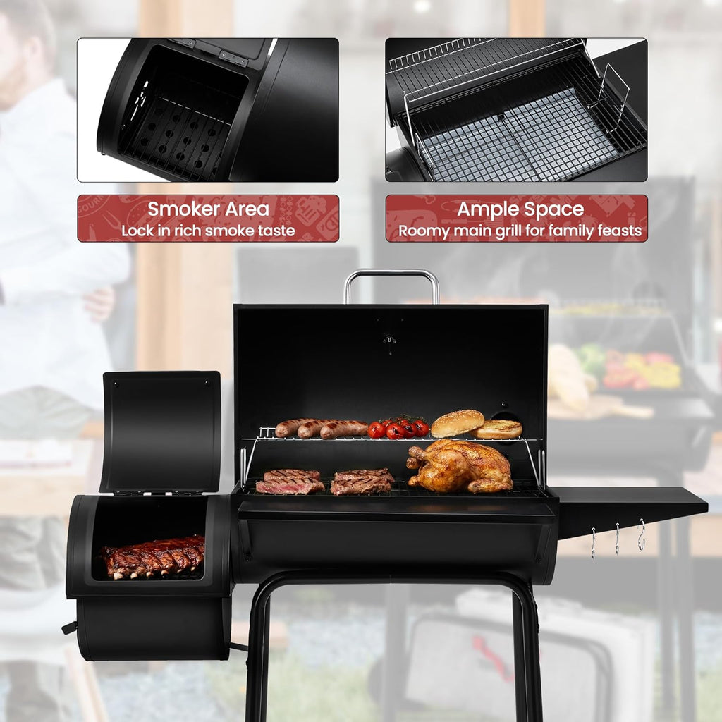 Royal Gourmet CC1830S BBQ Charcoal Grill and Offset Smoker | 823 Square Inch cooking surface, Outdoor for Camping | Black