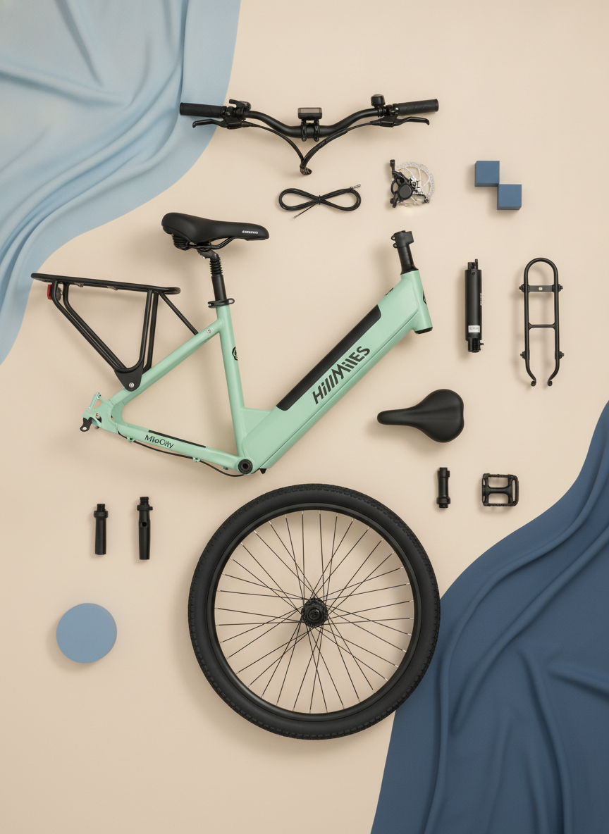 Close-up, flat-lay view of the MileCity 26 inch Commuter Electric Bike, showcasing its frame and handlebars on a warm backgro
