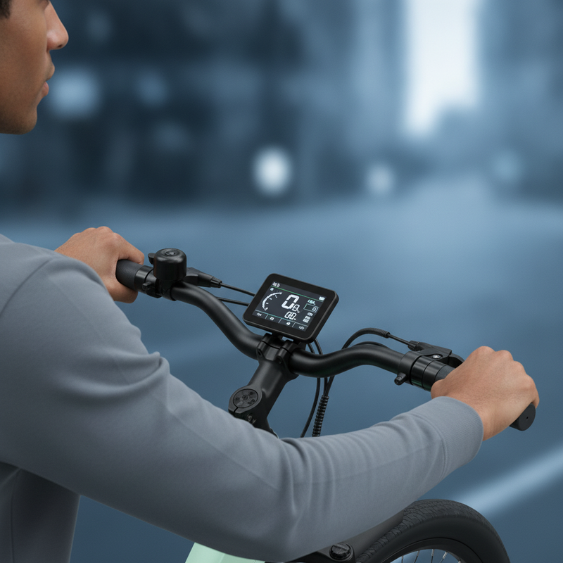 Close-up of a MileCity 26 inch Commuter Electric Bike's minimalist digital cockpit with a rider's hands on the handlebars in 