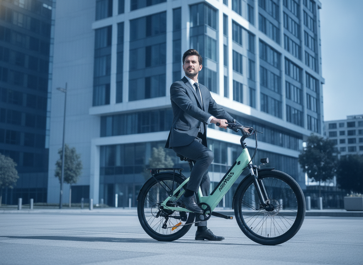 A person in a business suit rides a MileCity 26