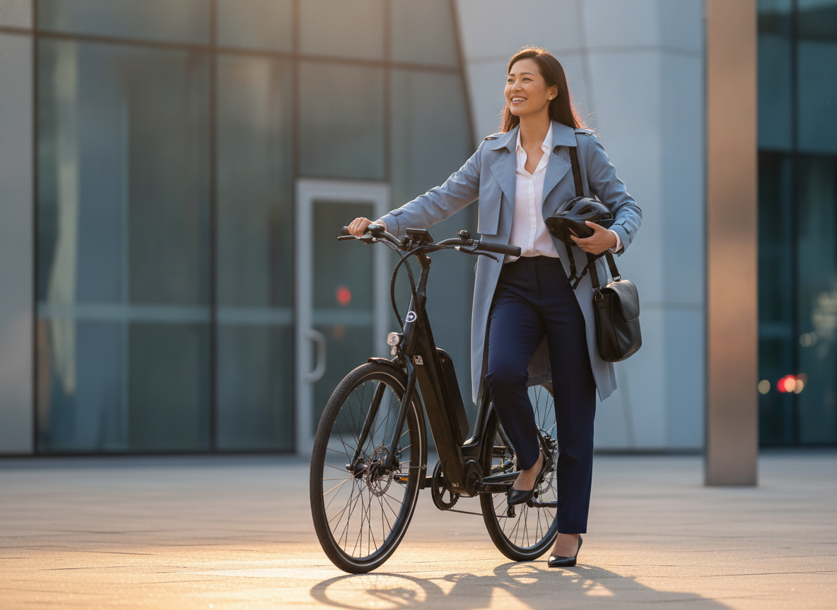 A professional in their 30s dismounts a MileCity 26 inch Commuter Electric Bike outside a modern office building at sunset.